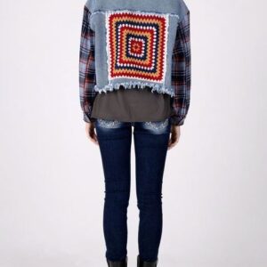 Product Image for  Miss Me Cropped Denim Jacket with Plaid Sleeves & Crochet