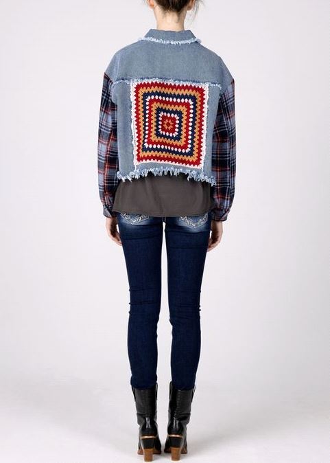 Product Image for  Miss Me Cropped Denim Jacket with Plaid Sleeves & Crochet