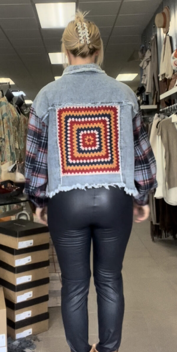 Product Image for  Miss Me Cropped Denim Jacket with Plaid Sleeves & Crochet