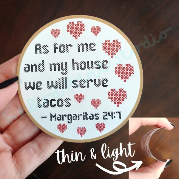 Product Image for  Cross Stitch Design Fridge Magnet “As for me and my house, we will serve tacos. Margaritas 24:7”