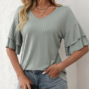 Product Image for  Solid Color V-Neck Ruffle Sleeve Short-Sleeve Top