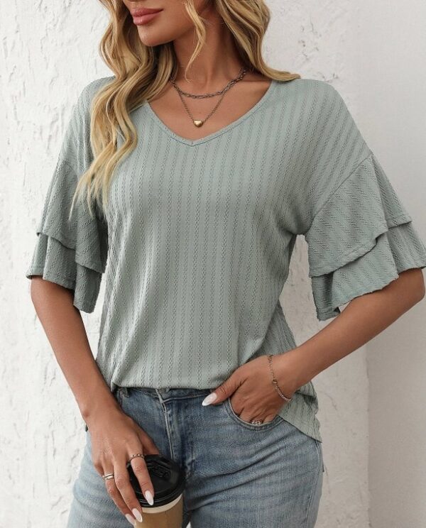 Product Image for  Solid Color V-Neck Ruffle Sleeve Short-Sleeve Top