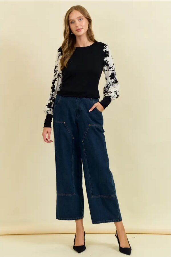 Product Image for  Sarah Floral Jacquard Contrast Sleeve Knit Top