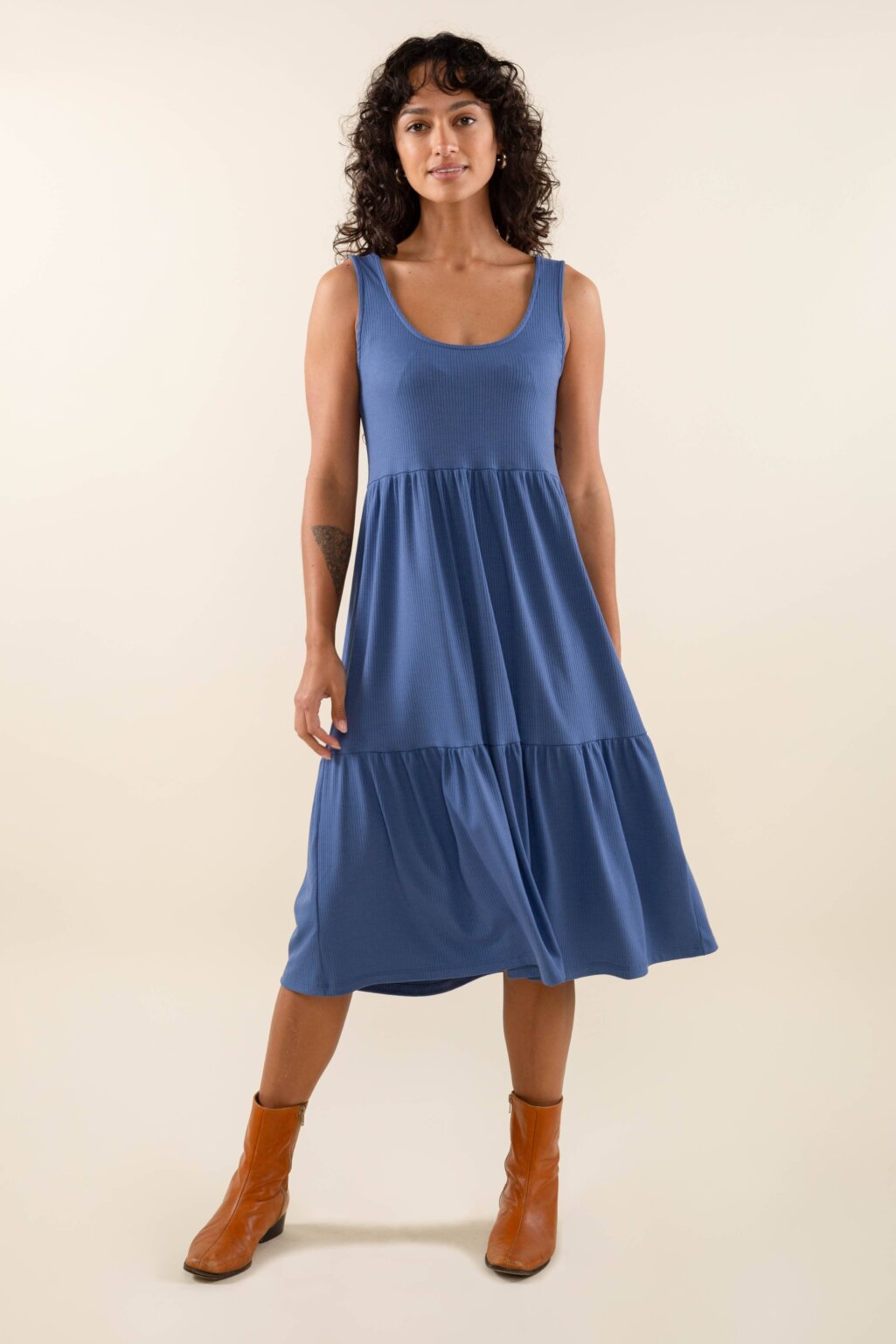 Downloaded from Square for use with Vendor ID (404) and Product ID (Square: 2XDFKOLL2E4QY6GDRMIO6PMD - WC: 72524). Product Image for U-neck Tiered Rib Dress: Denim, S