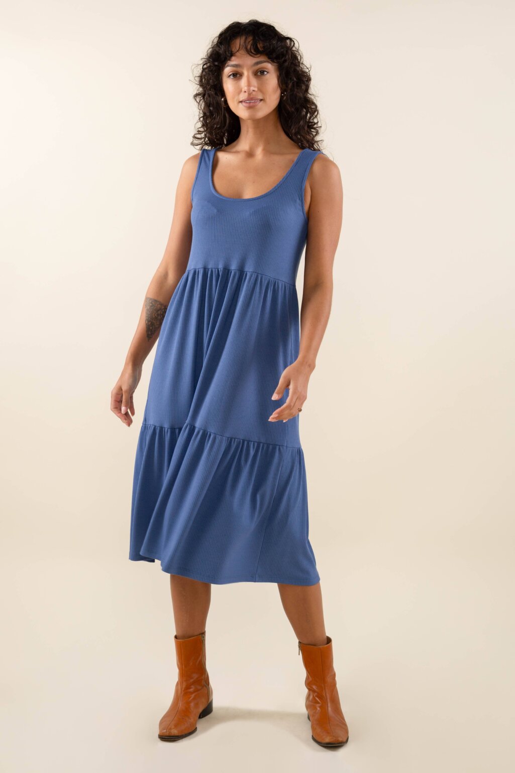 Downloaded from Square for use with Vendor ID (404) and Product ID (Square: 2XDFKOLL2E4QY6GDRMIO6PMD - WC: 72524). Product Image for U-neck Tiered Rib Dress: Denim, S