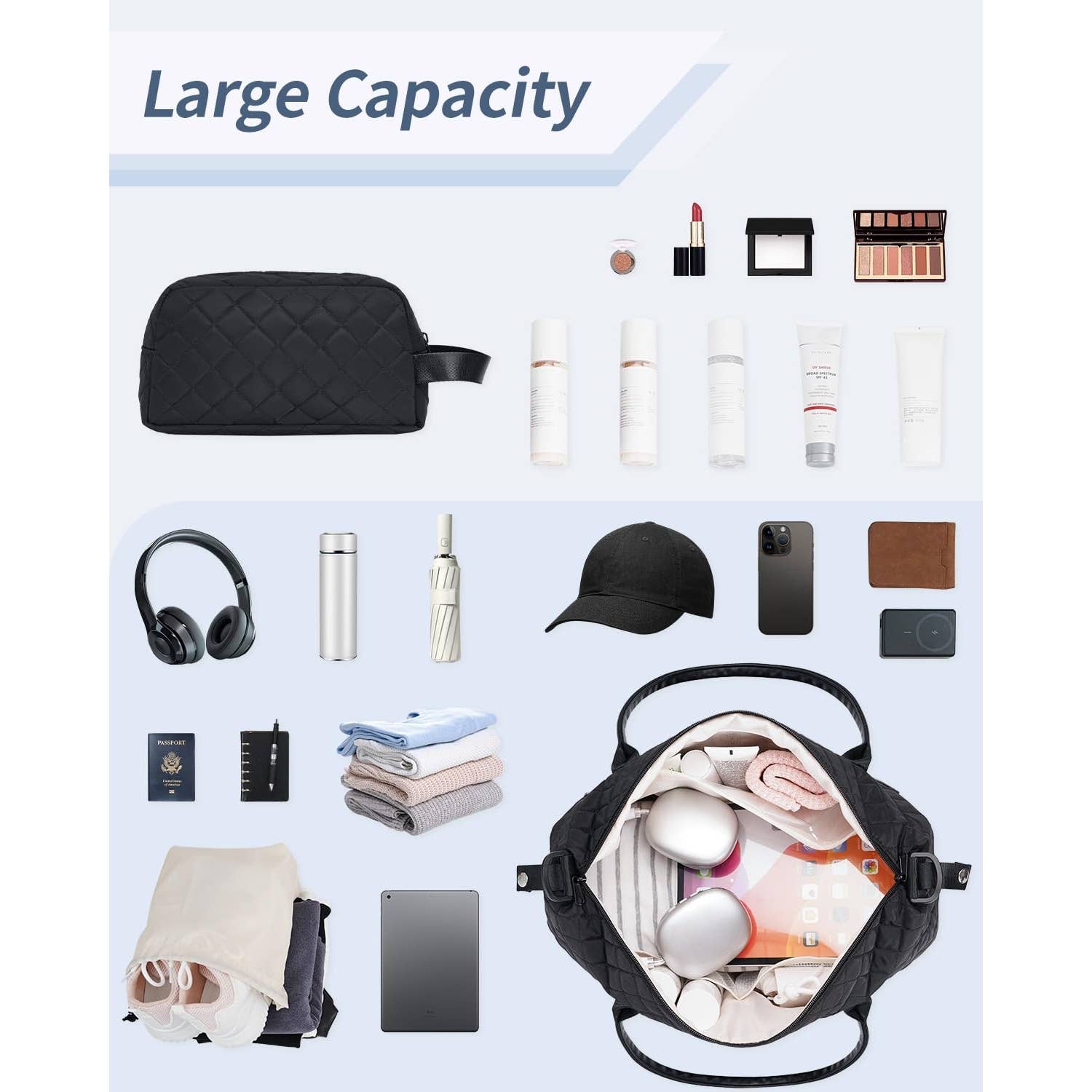 Downloaded from Square for use with Vendor ID (404) and Product ID (Square: DXWRCO4QBWUMPTZNFCCBUX3X - WC: 72552). Product Image for Airplane Approved Duffle Bag & Toiletry Bag Set 2 PCS: Black