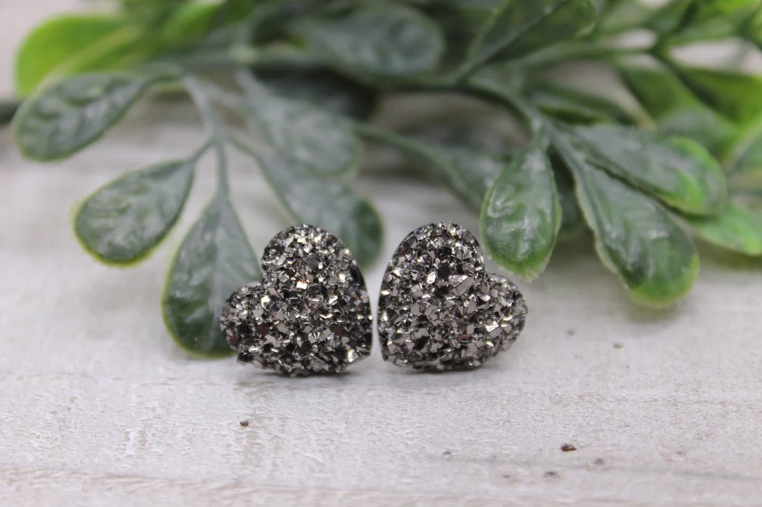 Downloaded from Shopify for use with Vendor ID (979) and Product ID (10193812226342). Product Image for Gunmetal Druzy Hearts Valentine’s Day • Stud Earrings