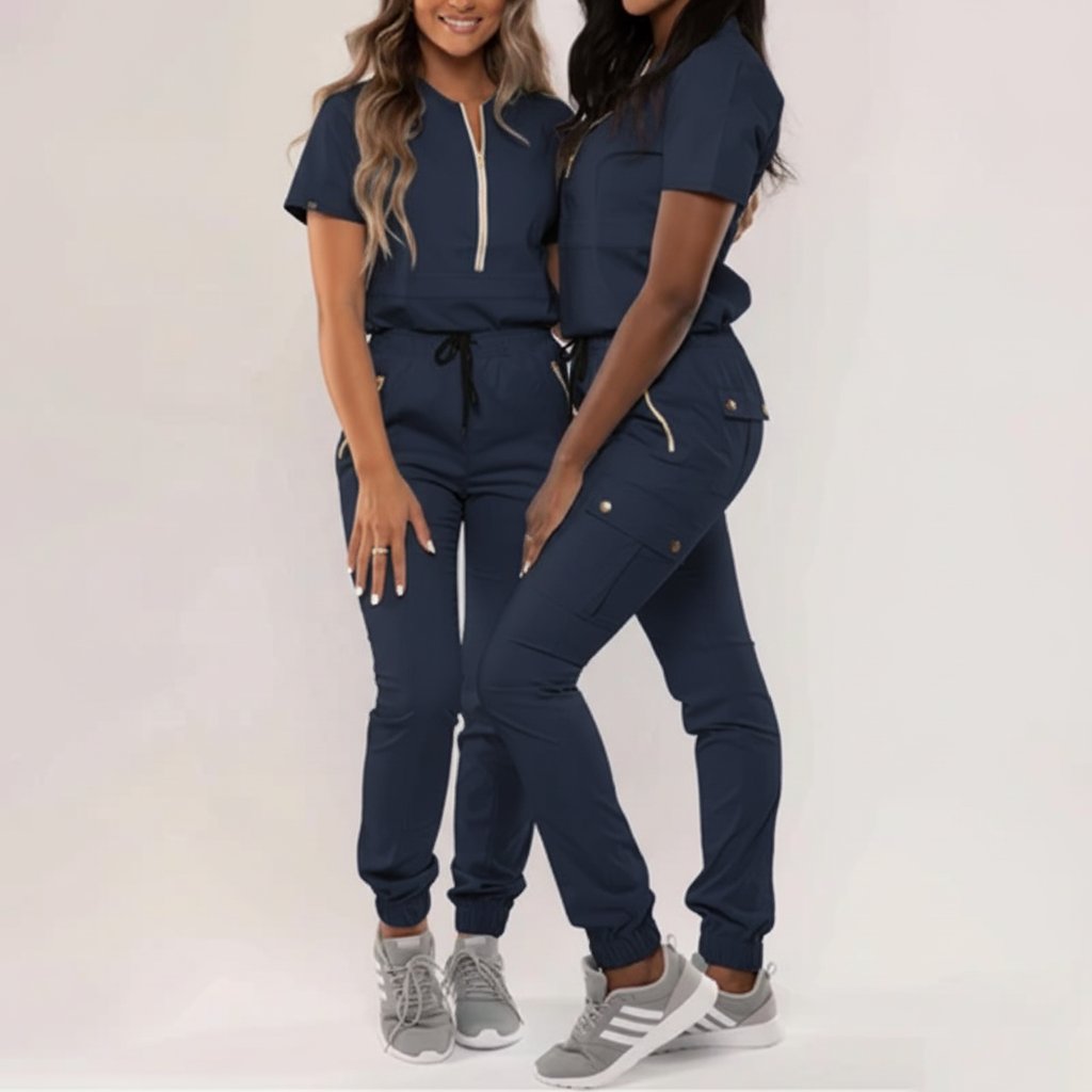 Downloaded from Shopify for use with Vendor ID (893) and Product ID (7723962138846). Product Image for Stylish Medical Uniforms – Premium White Jogger Scrub Set | Zipper Pockets | Polyester Spandex Blend