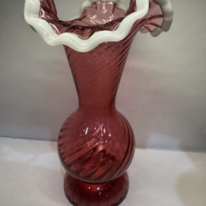 Product Image for  Fenton Glass Cranberry Swirl Vase – Snow Crest Ruffled Edge