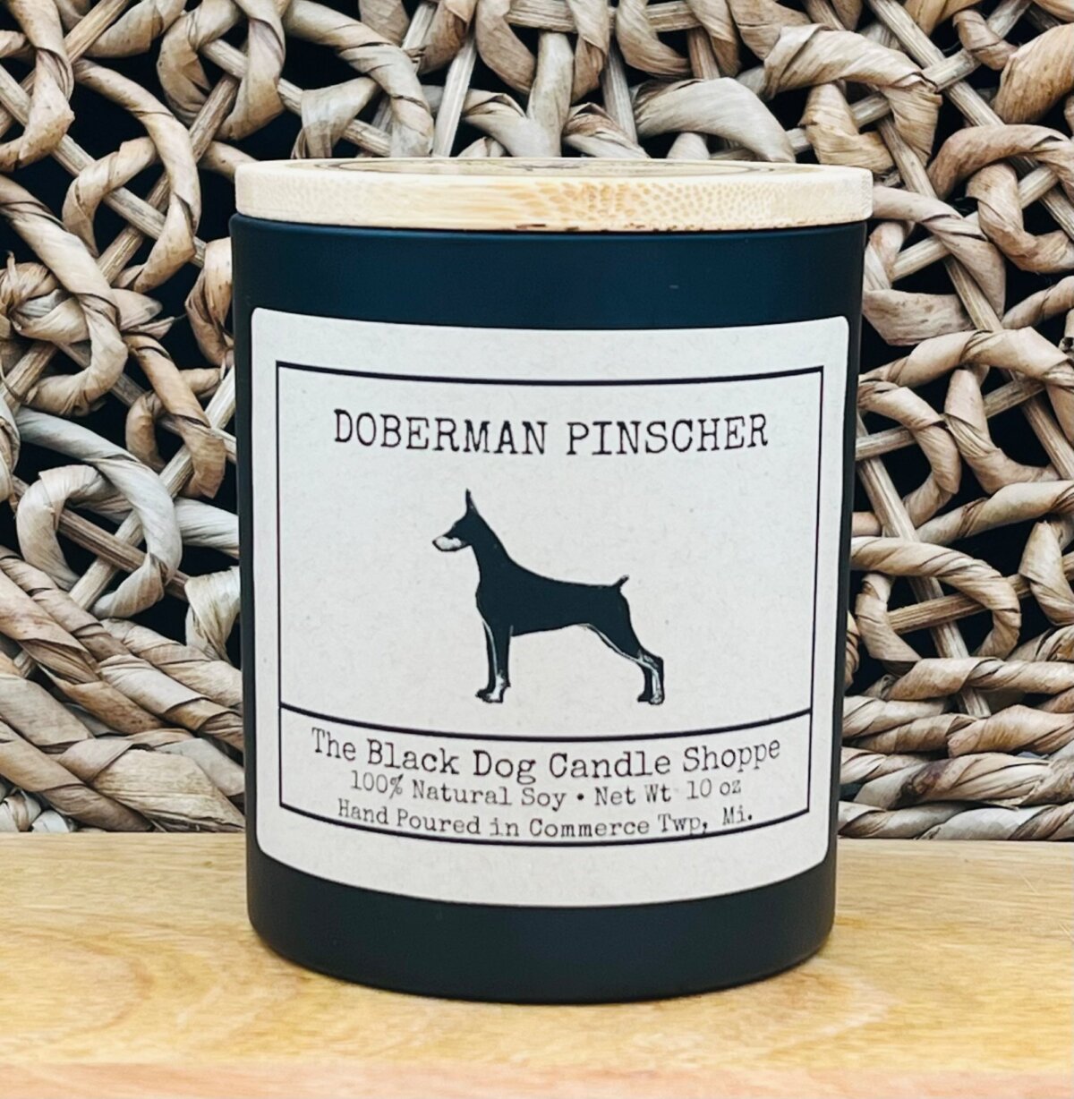 Downloaded from Shopify for use with Vendor ID (1042) and Product ID (7105409286276). Product Image for Doberman Dog Breed Candle