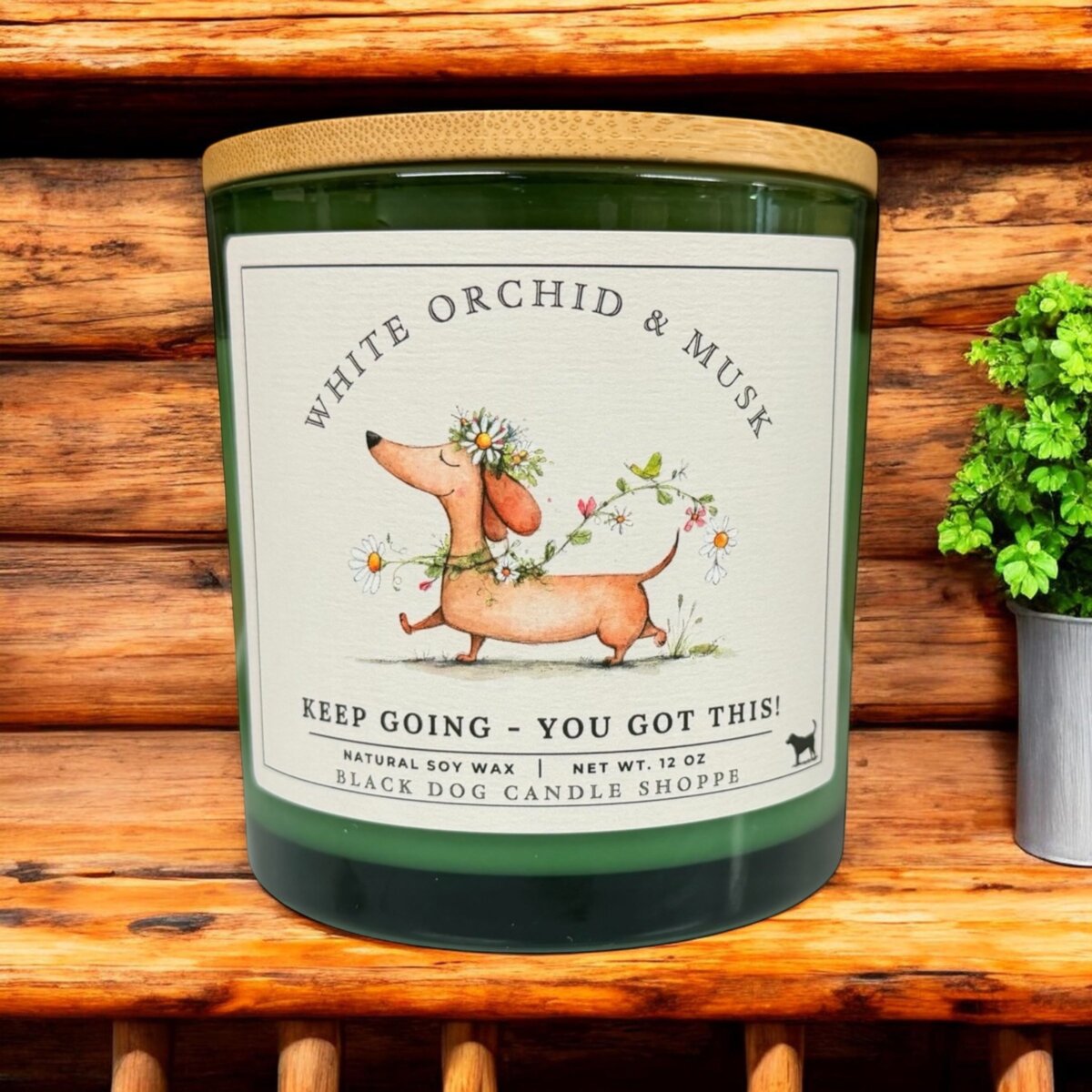 Downloaded from Shopify for use with Vendor ID (1042) and Product ID (10225964449924). Product Image for Keep Going – You Got This DW W. Orchid Encouragement Candle in Green Vessel