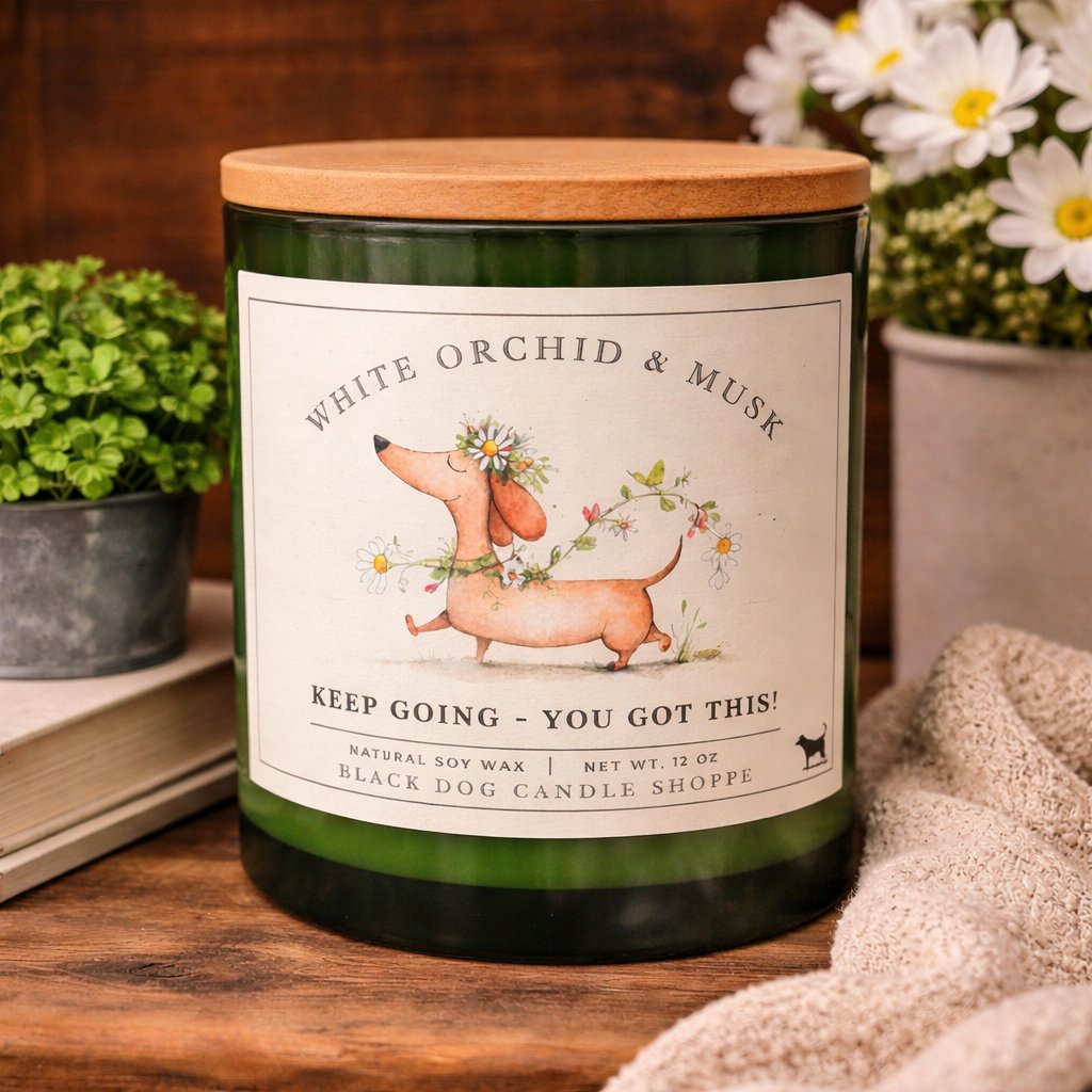 Downloaded from Shopify for use with Vendor ID (1042) and Product ID (10225964449924). Product Image for Keep Going – You Got This DW W. Orchid Encouragement Candle in Green Vessel