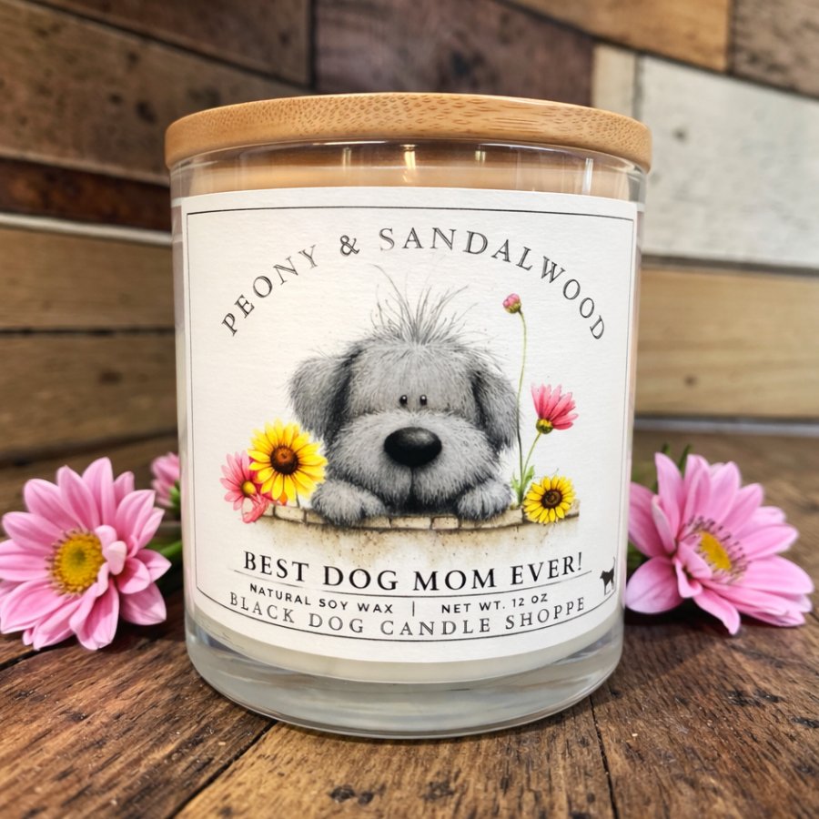 Downloaded from Shopify for use with Vendor ID (1042) and Product ID (10297960235140). Product Image for Best Dog Mom Ever Double Wick Clear Candle – Peony Sandalwood