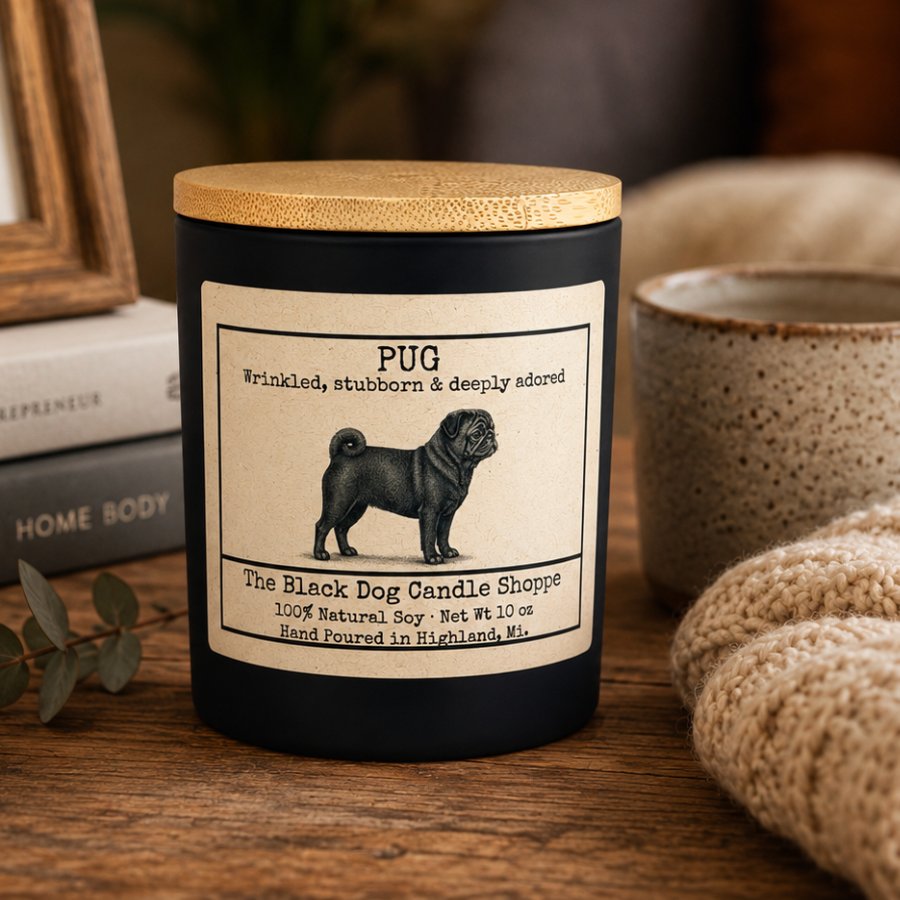 Downloaded from Shopify for use with Vendor ID (1042) and Product ID (10325960949892). Product Image for Black Pug Dog Breed Candle