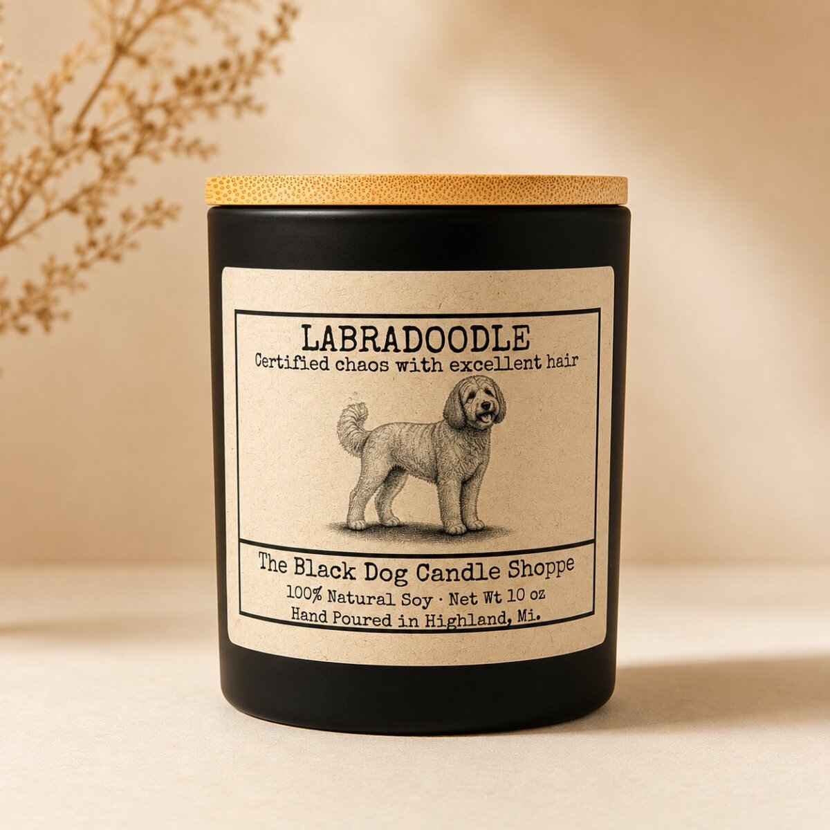 Downloaded from Shopify for use with Vendor ID (1042) and Product ID (10330419626116). Product Image for Labradoodle Dog Breed Candle