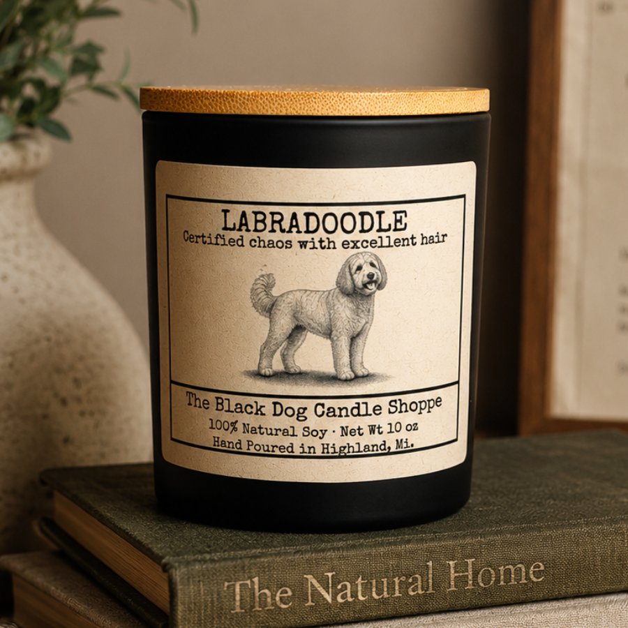 Downloaded from Shopify for use with Vendor ID (1042) and Product ID (10330419626116). Product Image for Labradoodle Dog Breed Candle