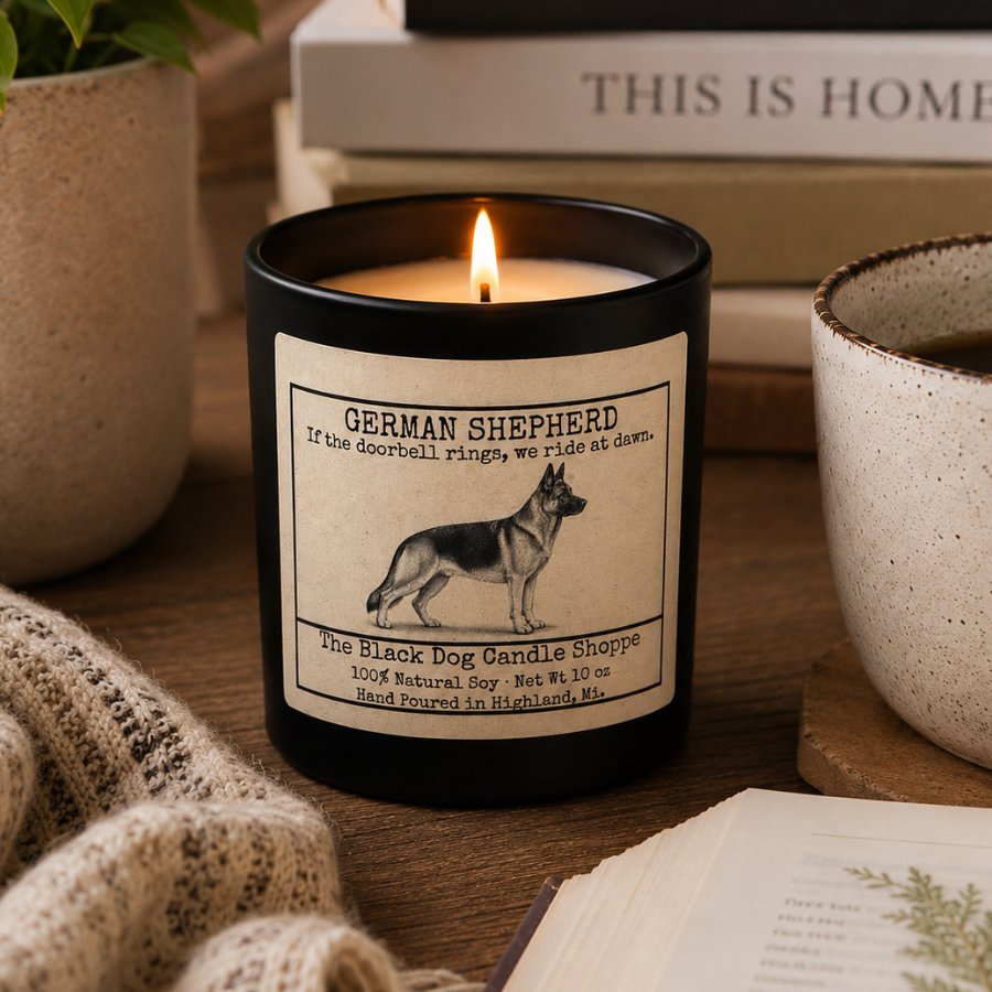 Downloaded from Shopify for use with Vendor ID (1042) and Product ID (10331378876548). Product Image for German Shepherd Dog Breed Candle #2