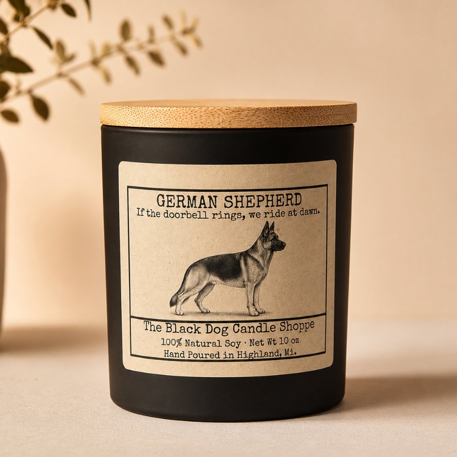 Downloaded from Shopify for use with Vendor ID (1042) and Product ID (10331378876548). Product Image for German Shepherd Dog Breed Candle #2