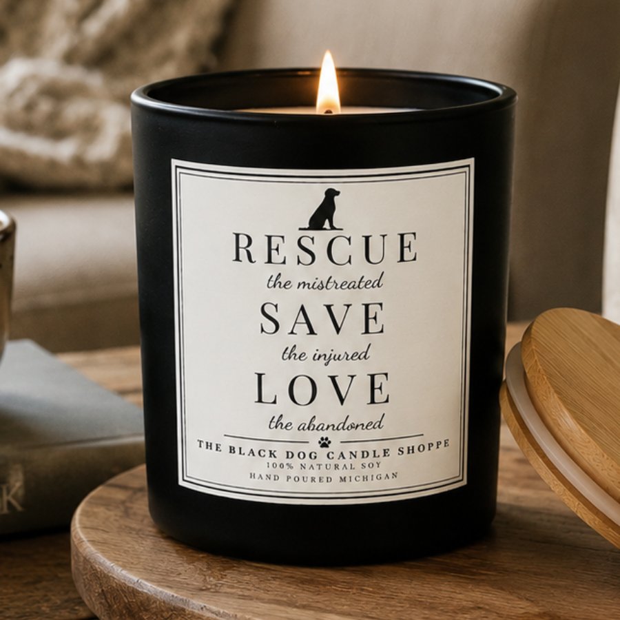 Downloaded from Shopify for use with Vendor ID (1042) and Product ID (10333664379012). Product Image for New Rescue, Save, Love Candle