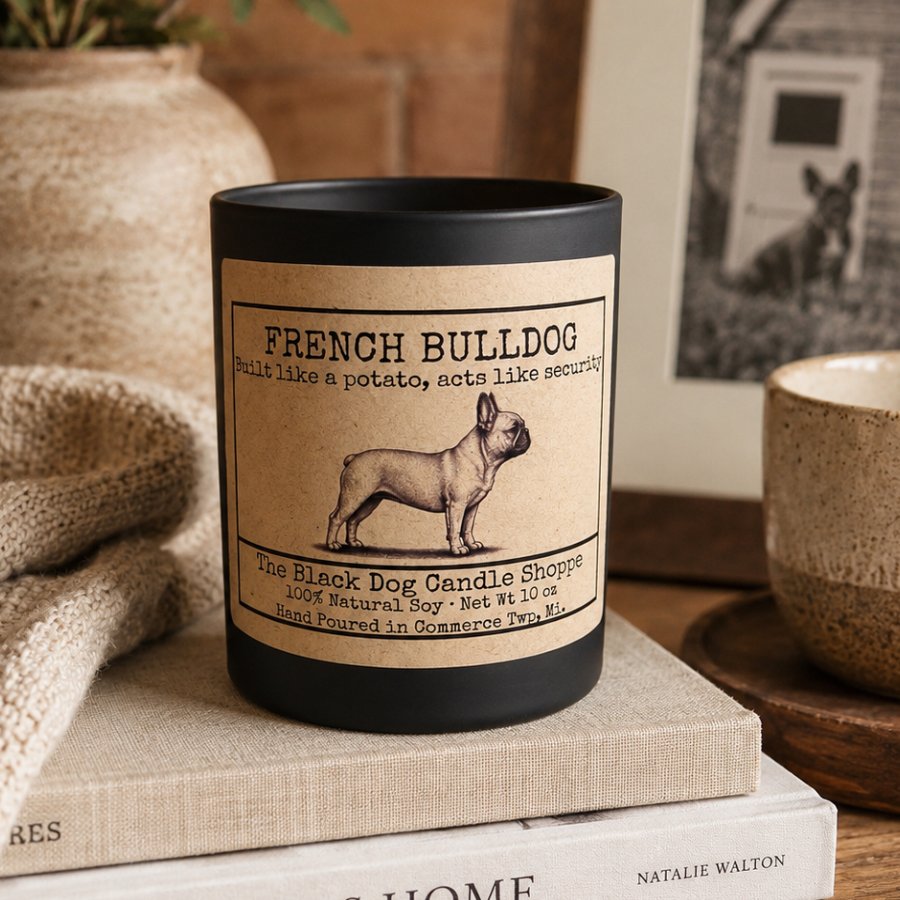 Downloaded from Shopify for use with Vendor ID (1042) and Product ID (10342526877828). Product Image for New French Bulldog Dog Breed Candle -2