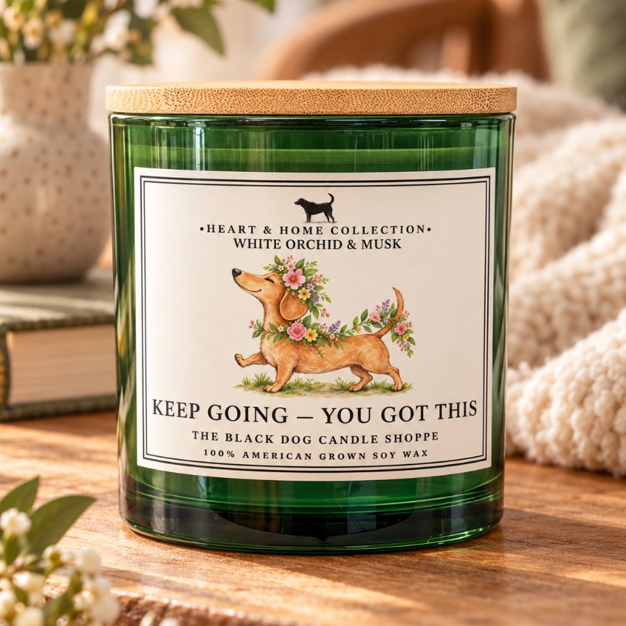 Downloaded from Shopify for use with Vendor ID (1042) and Product ID (10225964449924). Product Image for Keep Going – You Got This DW W. Orchid Encouragement Candle in Green Vessel